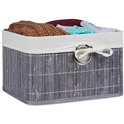 Relaxdays förvaringskorg, tygfoder, bambu, rektangulär, badrum, tillbehör, leksaker, HxBxD: 20x31x31 cm, grå Relaxdays förvaringskorg, tygfoder, bambu, rektangulär, badrum, tillbehör, leksaker, HxBxD: 20x31x31 cm, grå
