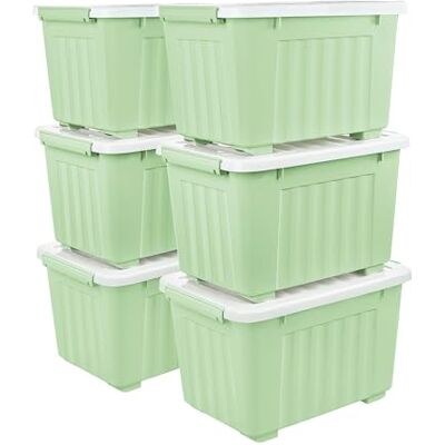 Cetomo 35 L x 6 förvaringslådor med hjul, plastförvaringslåda med lock, spärrspännen, klickstängning, stapelbar, kapsling, hållbar organiserare för hemmakontorskläder, grön, 35 L-6-pack Cetomo 35 L x 6 förvaringslådor med hjul, plastförvaringslåda med lock, spärrspännen, klickstängning, stapelbar, kapsling, hållbar organiserare för hemmakontorskläder, grön, 35 L-6-pack