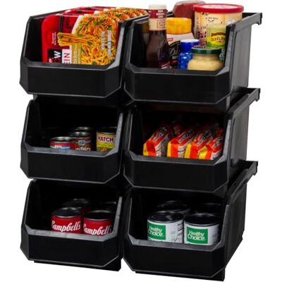 ReadySpace Plastlådor för organisering och förvaring i garderob, kök, kontor, garage eller skafferi, stapelbara lådor, stora, 37,6 × 20,3 × 17,8 cm, 6-pack, svarta ReadySpace Plastlådor för organisering och förvaring i garderob, kök, kontor, garage eller skafferi, stapelbara lådor, stora, 37,6 × 20,3 × 17,8 cm, 6-pack, svarta