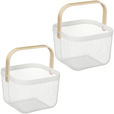 Relaxdays Fyrkantig nätförvaringskorg i metall, set med 2 korgar med bambuhandtag, HLP: 17,5 x 26 x 24,5 cm, vit Relaxdays Fyrkantig nätförvaringskorg i metall, set med 2 korgar med bambuhandtag, HLP: 17,5 x 26 x 24,5 cm, vit