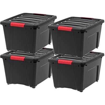 IRIS USA förvaringsfack i plast organiseringsbehållare med hållbart lock och säkra spärrspännen, stapelbara och stapelbara, 32 Qt, svart/röd, 4 st IRIS USA förvaringsfack i plast organiseringsbehållare med hållbart lock och säkra spärrspännen, stapelbara och stapelbara, 32 Qt, svart/röd, 4 st
