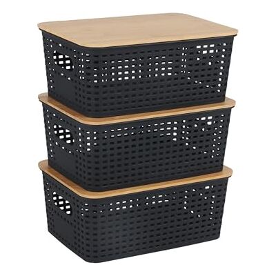 Relaxdays förvaringslåda, set om 3, med lock, plast och bambu, handtag, HBT: 10,5 x 25,5 x 18 cm, organisatör, svart Relaxdays förvaringslåda, set om 3, med lock, plast och bambu, handtag, HBT: 10,5 x 25,5 x 18 cm, organisatör, svart