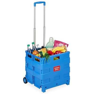 Relaxdays Shoppingvagn, hopfällbar vagn med hjul och teleskophandtag, upp till 35 kg, vikbar shoppinghjälp, rullvagn, blå Relaxdays Shoppingvagn, hopfällbar vagn med hjul och teleskophandtag, upp till 35 kg, vikbar shoppinghjälp, rullvagn, blå