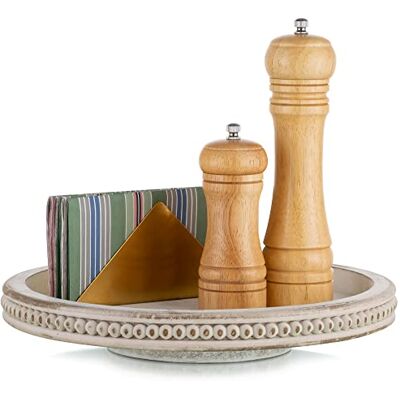 Hanobe Lazy Susan Organizer trä skivspelare vita runda träbrickor för dekorativt köksbänk soffbord heminredning med pärlstav kryddspinnare Hanobe Lazy Susan Organizer trä skivspelare vita runda träbrickor för dekorativt köksbänk soffbord heminredning med pärlstav kryddspinnare