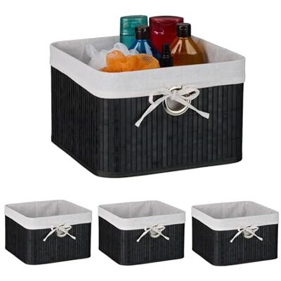 Relaxdays Förvaringskorg, set om 4, bambu, tyginsats, HBT: 20 x 31 x 31 cm, korg med fingerhål, hyllkorg, svart/vit Relaxdays Förvaringskorg, set om 4, bambu, tyginsats, HBT: 20 x 31 x 31 cm, korg med fingerhål, hyllkorg, svart/vit