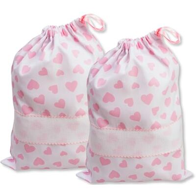 FILET Set med 2 påsar för broderi, dragsko, vita hjärttryck, bomullspiké, storlek 27 x 35 cm, tillverkad i Italien, rosa FILET Set med 2 påsar för broderi, dragsko, vita hjärttryck, bomullspiké, storlek 27 x 35 cm, tillverkad i Italien, rosa