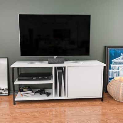 Hanah Home Stylish TV-stativ, svart och vit, 120 x 35,3 x 50,8 cm 100% melaminbelagd partikelbräda, 18 mm tjock Modern design för vardagsrum och underhållningsplatser Hanah Home Stylish TV-stativ, svart och vit, 120 x 35,3 x 50,8 cm 100% melaminbelagd partikelbräda, 18 mm tjock Modern design för vardagsrum och underhållningsplatser