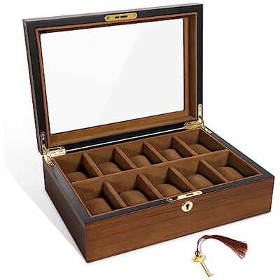 Uten klockbox med 10 fack, klockfodral organiserare med gyllene lås och nyckel, träklocka display förvaringslåda med avtagbara klockkuddar, sammetsfoder, metalllås, present till män och kvinnor Uten klockbox med 10 fack, klockfodral organiserare med gyllene lås och nyckel, träklocka display förvaringslåda med avtagbara klockkuddar, sammetsfoder, metalllås, present till män och kvinnor
