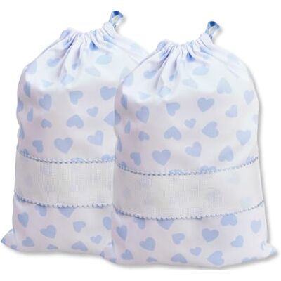 FILET Set med 2 påsar för broderi, dragsko, vita hjärttryck, bomullspiketter, storlek 27 x 35 cm, tillverkad i Italien, himmel FILET Set med 2 påsar för broderi, dragsko, vita hjärttryck, bomullspiketter, storlek 27 x 35 cm, tillverkad i Italien, himmel
