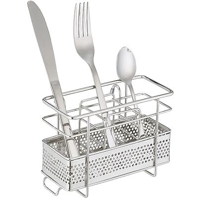 Relaxdays Bestickhållare rostfritt stål, köksredskap hållare bord, 3 fack, stående, bestick-droppkorg med krok, silver Relaxdays Bestickhållare rostfritt stål, köksredskap hållare bord, 3 fack, stående, bestick-droppkorg med krok, silver