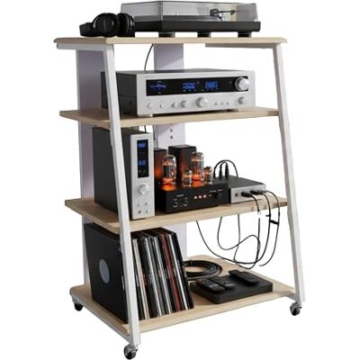 Relaxdays Hi-Fi-rack med 4 hyllor för skivspelare och stereo, metall och MDF, 78 x 61 x 52 cm, naturlig/vit Relaxdays Hi-Fi-rack med 4 hyllor för skivspelare och stereo, metall och MDF, 78 x 61 x 52 cm, naturlig/vit