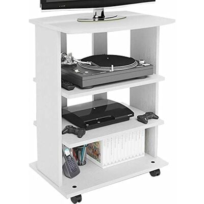 BAKAJI TV-bänk i MDF-trä med 3 hyllor för konsolkonsoler DVD-spel och 4 hjul skåpvagn TV-hållare modern design storlek 60 x 45 x 80,5 cm (vit) BAKAJI TV-bänk i MDF-trä med 3 hyllor för konsolkonsoler DVD-spel och 4 hjul skåpvagn TV-hållare modern design storlek 60 x 45 x 80,5 cm (vit)