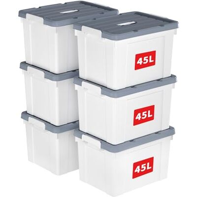 Cetomo 45 L x 6 förvaringslådor, plastförvaringslåda med lock, organiseringsbehållare med handtag och säkra spärrspännen, stapelbar, kapabel, tygkorg för hemmakontor, 45 L-6 pack, vit Cetomo 45 L x 6 förvaringslådor, plastförvaringslåda med lock, organiseringsbehållare med handtag och säkra spärrspännen, stapelbar, kapabel, tygkorg för hemmakontor, 45 L-6 pack, vit