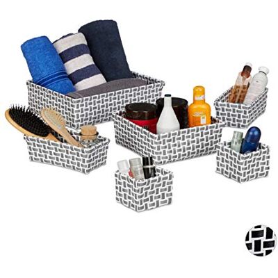Relaxdays Förvaringskorgar, set med 6 flätverk, dekorativa korgar, stapelbara korgset, plast, vit/grå Relaxdays Förvaringskorgar, set med 6 flätverk, dekorativa korgar, stapelbara korgset, plast, vit/grå