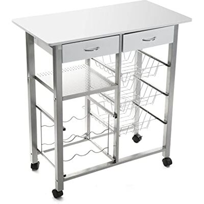Versa Leicester Köksvagn med hjul, lådor och flaskhylla, grönsakshandlare, kökshylla, mått (H x L x B) 82 x 40 x 76 cm, trä och metall, färg: vit Versa Leicester Köksvagn med hjul, lådor och flaskhylla, grönsakshandlare, kökshylla, mått (H x L x B) 82 x 40 x 76 cm, trä och metall, färg: vit
