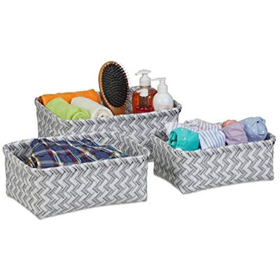 Relaxdays Förvaringskorg set om 3, 3 storlekar kupor, flätad korg badrum, dekorativ korg plast, vit-grå Relaxdays Förvaringskorg set om 3, 3 storlekar kupor, flätad korg badrum, dekorativ korg plast, vit-grå