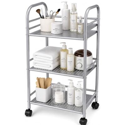 BAKAJI Metall Förvaringslåda för badrum Kök Frisör eller Kosmetolog 4 Svänghjul, 3 hyllor, Mått 40 x 35 x 75cm, Multifunktion vagn 3 Nivåer (Silver) BAKAJI Metall Förvaringslåda för badrum Kök Frisör eller Kosmetolog 4 Svänghjul, 3 hyllor, Mått 40 x 35 x 75cm, Multifunktion vagn 3 Nivåer (Silver)