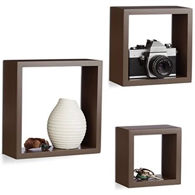 Relaxdays Hängande hylla kub set om 3, väggbrädeskub, svävande hylla, kvadratisk, MDF, liten, olika storlekar, brun, 25 x 25 x 25 cm Relaxdays Hängande hylla kub set om 3, väggbrädeskub, svävande hylla, kvadratisk, MDF, liten, olika storlekar, brun, 25 x 25 x 25 cm