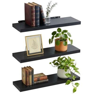 Relaxdays Vägghylla, set om 3, HxBxD: 4 x 80 x 23 cm, träutseende, metall, väggbrädor för vardagsrum, hall, kök, svart Relaxdays Vägghylla, set om 3, HxBxD: 4 x 80 x 23 cm, träutseende, metall, väggbrädor för vardagsrum, hall, kök, svart
