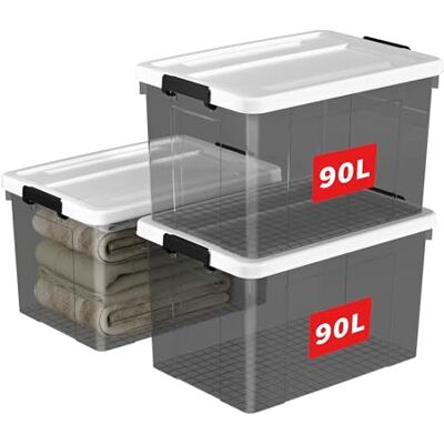 Cetomo 90 L x 3 förvaringslådor, plastförvaringslåda med lock, organiseringsbehållare med säkra spärrspännen, stapelbar, kapabel, stor soptunna för hemmakläder, 90 L-3 pack, klar svart Cetomo 90 L x 3 förvaringslådor, plastförvaringslåda med lock, organiseringsbehållare med säkra spärrspännen, stapelbar, kapabel, stor soptunna för hemmakläder, 90 L-3 pack, klar svart