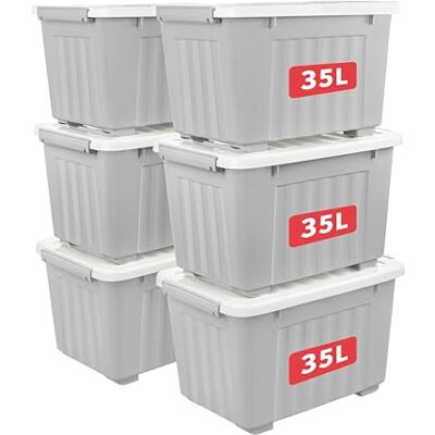 Cetomo 35 L x 6 förvaringslådor med hjul, plastförvaringslåda med lock, spärrspännen, klickstängning, stapelbar, kapsling, hållbar organisatör för hemmakontorskläder, grå, 35 L-6-pack Cetomo 35 L x 6 förvaringslådor med hjul, plastförvaringslåda med lock, spärrspännen, klickstängning, stapelbar, kapsling, hållbar organisatör för hemmakontorskläder, grå, 35 L-6-pack
