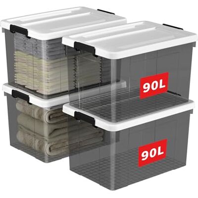Cetomo 90 L x 4 förvaringslådor, plastförvaringslåda med lock, organiseringsbehållare med säkra spärrspännen, stapelbar, kapabel, stor soptunna för hemmakläder, 90 L-4 pack, klar svart Cetomo 90 L x 4 förvaringslådor, plastförvaringslåda med lock, organiseringsbehållare med säkra spärrspännen, stapelbar, kapabel, stor soptunna för hemmakläder, 90 L-4 pack, klar svart
