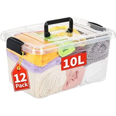 Cetomo Förvaringslådor, förvaringslåda med lock och handtag för organisering av sovsal, kontor, stapelbar, häckande tygbehållare, plast, klar, 10 L-12-pack Cetomo Förvaringslådor, förvaringslåda med lock och handtag för organisering av sovsal, kontor, stapelbar, häckande tygbehållare, plast, klar, 10 L-12-pack