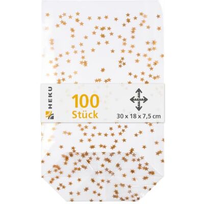 Heku 22-30545: 100 bottenpåse med gyllene stjärnor, stabil korsbotten, storlek 300 x 180 x 75 mm, transparent Heku 22-30545: 100 bottenpåse med gyllene stjärnor, stabil korsbotten, storlek 300 x 180 x 75 mm, transparent