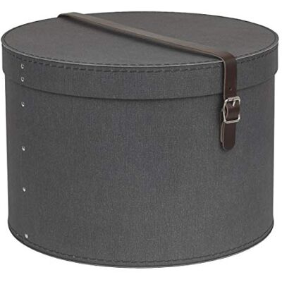 Bigso Box of Sweden RUT Set med 2 förvaringsboxar med lock – rund förvaringslåda med läderrem – stor och liten hattlåda av fiberskiva och papper i linneutseende – svart Bigso Box of Sweden RUT Set med 2 förvaringsboxar med lock – rund förvaringslåda med läderrem – stor och liten hattlåda av fiberskiva och papper i linneutseende – svart