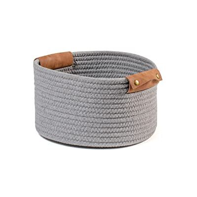 H&H Grå Bomull Korg med Konstläder Rund 26x15hcm H&H Grå Bomull Korg med Konstläder Rund 26x15hcm