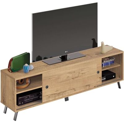 MUEBLES PITARCH TV-bänk med ben 2 skjutdörrar, industriellt TV-skåp, ek guld och svart, 52 x 160 x 40 cm, vardagsrumsmodul, modern, kamet-modell MUEBLES PITARCH TV-bänk med ben 2 skjutdörrar, industriellt TV-skåp, ek guld och svart, 52 x 160 x 40 cm, vardagsrumsmodul, modern, kamet-modell