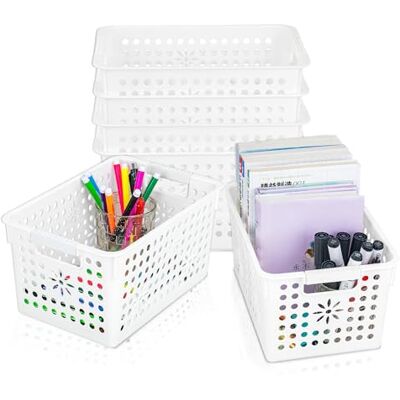 Cetomo Förvaringslåda i plast, förvaringskorgar med handtag, hyllkorgorganiserare med hål, öppen övre förvaringsfack för hem, kök, kontor, vit, 6-pack (27 x 18 x 14,5 cm) Cetomo Förvaringslåda i plast, förvaringskorgar med handtag, hyllkorgorganiserare med hål, öppen övre förvaringsfack för hem, kök, kontor, vit, 6-pack (27 x 18 x 14,5 cm)