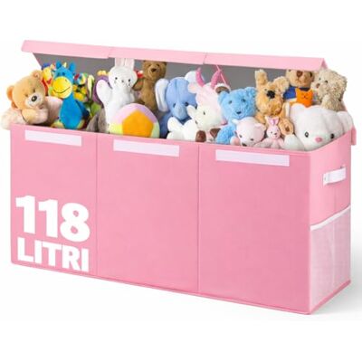 BAKAJI Leksakslådor för barn, förvaringslådor med lock och 3 fack, TNT hopfällbar barnlekhållare, förvaringslåda, kapacitet 118 liter, 91,5 x 32 x 40,5 cm (rosa) BAKAJI Leksakslådor för barn, förvaringslådor med lock och 3 fack, TNT hopfällbar barnlekhållare, förvaringslåda, kapacitet 118 liter, 91,5 x 32 x 40,5 cm (rosa)