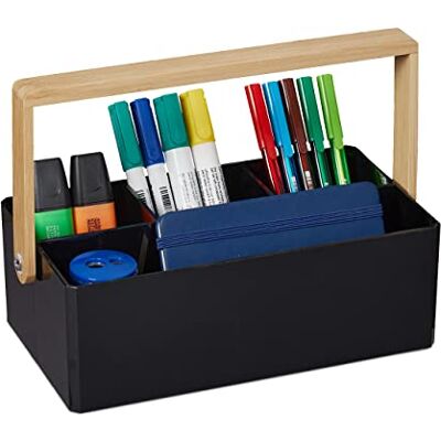 Relaxdays Organizer med handtag, 4 fack, bärbar, förvaring, bambuhandtag, sorteringslåda, H 8,5 x 26 x 16 cm, svart Relaxdays Organizer med handtag, 4 fack, bärbar, förvaring, bambuhandtag, sorteringslåda, H 8,5 x 26 x 16 cm, svart