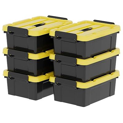Cetomo Förvaringslåda i plast med lock, handtag och spärrspännen för verktyg utomhus trädgård garage hem, hållbar, kraftig, stapelbar, kapsling, svart och gul, 15 L (6-pack) Cetomo Förvaringslåda i plast med lock, handtag och spärrspännen för verktyg utomhus trädgård garage hem, hållbar, kraftig, stapelbar, kapsling, svart och gul, 15 L (6-pack)
