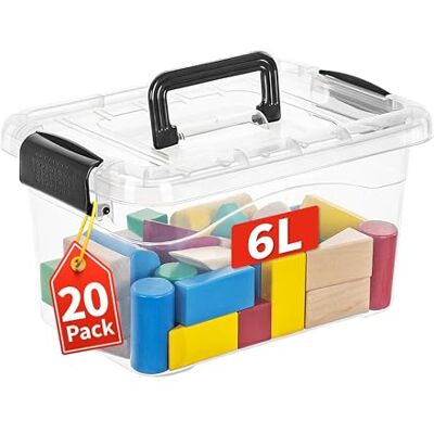 Cetomo Förvaringslådor, förvaringslåda med lock och handtag för organisering av sovsal, kontor, stapelbar, häckande tygbehållare, plast, klar, 6 L-20-pack Cetomo Förvaringslådor, förvaringslåda med lock och handtag för organisering av sovsal, kontor, stapelbar, häckande tygbehållare, plast, klar, 6 L-20-pack