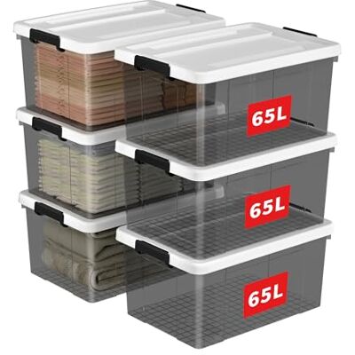 Cetomo 65 L x 6 plastförvaringsbox, tyglåda, organiseringsbehållare med hållbart lock och säkra spärrspännen, stapelbar och kapbar, 6-pack, transparent svart med svart spänne Cetomo 65 L x 6 plastförvaringsbox, tyglåda, organiseringsbehållare med hållbart lock och säkra spärrspännen, stapelbar och kapbar, 6-pack, transparent svart med svart spänne