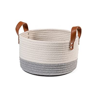 H&H Vit och grå Bomull Korg med Konstläder Rund 26x15hcm H&H Vit och grå Bomull Korg med Konstläder Rund 26x15hcm