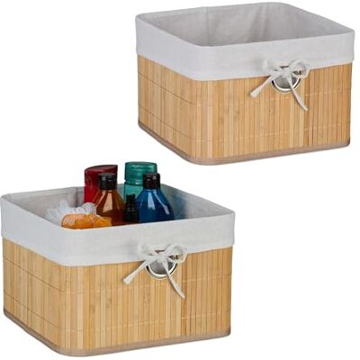 Relaxdays Förvaringskorg, set om 2, bambu, tyginsats, HBT: 20 x 31 x 31 cm, korg med fingerhål, hyllkorg, natur/vit Relaxdays Förvaringskorg, set om 2, bambu, tyginsats, HBT: 20 x 31 x 31 cm, korg med fingerhål, hyllkorg, natur/vit