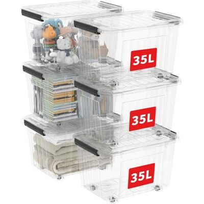 Cetomo C5037 förvaringslåda genomskinlig låda med lock med hjul 35 l plast (polypropylen) transparent set om 6 Cetomo C5037 förvaringslåda genomskinlig låda med lock med hjul 35 l plast (polypropylen) transparent set om 6