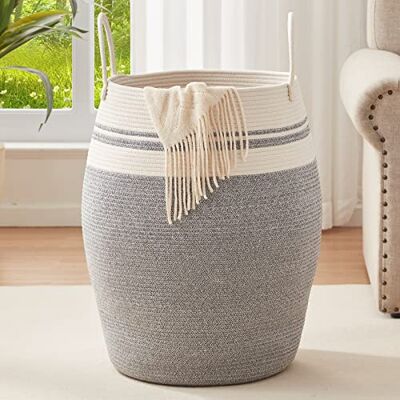 OIAHOMY Tvättkorg av vävt rep, stor, 65 cm hög, modern, böjd korg med förlängda handtag, för förvaring av kläder, badrum, vikbar (vit och ljusgrå) OIAHOMY Tvättkorg av vävt rep, stor, 65 cm hög, modern, böjd korg med förlängda handtag, för förvaring av kläder, badrum, vikbar (vit och ljusgrå)