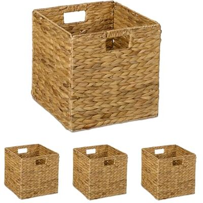 Relaxdays förvaringskorg, set med 4, vattenhyacint, kubhyllbox, 30 x 30 x 30 cm, organiserare för kläder och leksaker, naturlig, växtfiber, järn Relaxdays förvaringskorg, set med 4, vattenhyacint, kubhyllbox, 30 x 30 x 30 cm, organiserare för kläder och leksaker, naturlig, växtfiber, järn