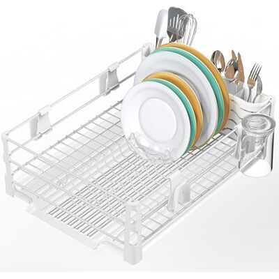 Simple Houseware Enkel diskställ för hushållsartiklar med dräneringar, mugghållare och redskapshållare, vit Simple Houseware Enkel diskställ för hushållsartiklar med dräneringar, mugghållare och redskapshållare, vit