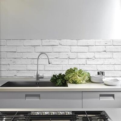 CREARREDA Solskyddspanel kök väggklistermärke lätt att applicera vita tegelstenar 190 x 60 cm 100 % tillverkad i Italien, brandsäker och vattentät PVC-stänkskydd CREARREDA Solskyddspanel kök väggklistermärke lätt att applicera vita tegelstenar 190 x 60 cm 100 % tillverkad i Italien, brandsäker och vattentät PVC-stänkskydd