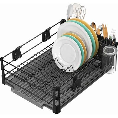 Simple Houseware Enkel diskställ för hushållsartiklar med dräneringar, mugghållare och redskapshållare, svart Simple Houseware Enkel diskställ för hushållsartiklar med dräneringar, mugghållare och redskapshållare, svart