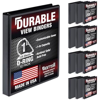 Samsill Hållbar 2,5 cm pärm, tillverkad i USA, D-ringpärm, anpassningsbart genomskinligt skydd, svart, 12-pack, var och en rymmer 220 sidor Samsill Hållbar 2,5 cm pärm, tillverkad i USA, D-ringpärm, anpassningsbart genomskinligt skydd, svart, 12-pack, var och en rymmer 220 sidor