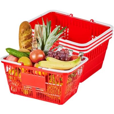 VEVOR Shoppingkorgar, 4 st, 21 L stapelbara livsmedelskorgar i PE-plast med handtag, tät nätstruktur, rymmer upp till 9,07 kg, bärbar för mataffär, detaljhandel, stormarknad, hemmabruk, röd VEVOR Shoppingkorgar, 4 st, 21 L stapelbara livsmedelskorgar i PE-plast med handtag, tät nätstruktur, rymmer upp till 9,07 kg, bärbar för mataffär, detaljhandel, stormarknad, hemmabruk, röd