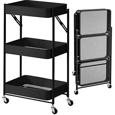 BAKAJI Fällbar köksvagn med 3 hyllor 4 hjul roterande 360 graders roterande korg med integrerad broms i metall rymdbesparande vagn storlek 29 x 40 x 76 cm (Svart) BAKAJI Fällbar köksvagn med 3 hyllor 4 hjul roterande 360 graders roterande korg med integrerad broms i metall rymdbesparande vagn storlek 29 x 40 x 76 cm (Svart)