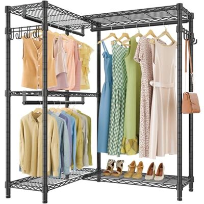 VIPEK L4 Klädställ, L-format klädställ för hörn, fristående bärbar garderob, slitstark klädställning med 3 hängstänger och 2 sidokrokar, 110 cm L x 76,4 tum B x 180 cm H, max belastning 340 kg, svart VIPEK L4 Klädställ, L-format klädställ för hörn, fristående bärbar garderob, slitstark klädställning med 3 hängstänger och 2 sidokrokar, 110 cm L x 76,4 tum B x 180 cm H, max belastning 340 kg, svart