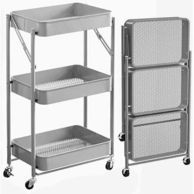 BAKAJI Vikbar köksvagn med 3 hyllor korgar 4 360 graders svängbara hjul med integrerad metallbroms serveringsställ storlek 29 x 40 x 76 cm (grå) BAKAJI Vikbar köksvagn med 3 hyllor korgar 4 360 graders svängbara hjul med integrerad metallbroms serveringsställ storlek 29 x 40 x 76 cm (grå)